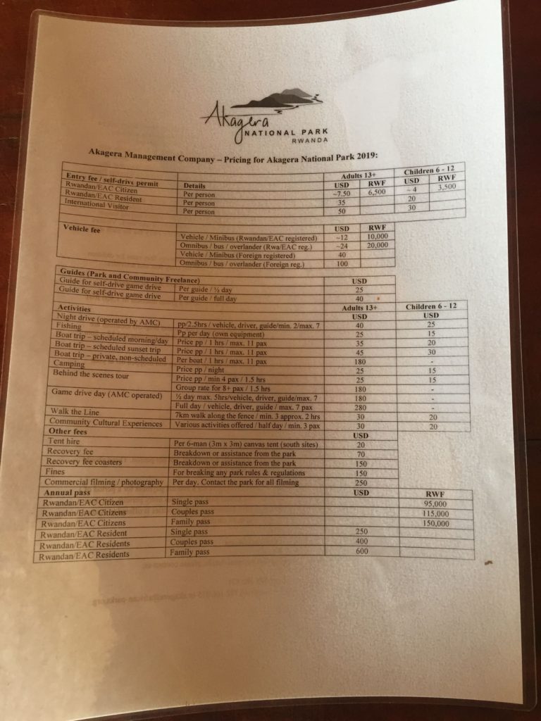 Akagera National Park Price List